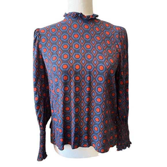 Zara High Neck Blouse‎ Red Blue Geometric Small Womens Smocked - Picture 1 of 4